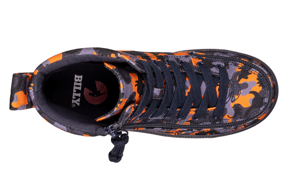 Orange Dino BILLY Classic Lace High Tops with functional laces and a wraparound zipper, designed for kids, featuring a printed canvas upper and rubber outsole.