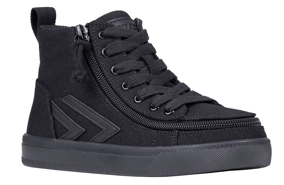 Black to the Floor BILLY CS Sneaker High Tops featuring a black canvas design with a convenient wraparound zipper and adjustable laces for easy wear.