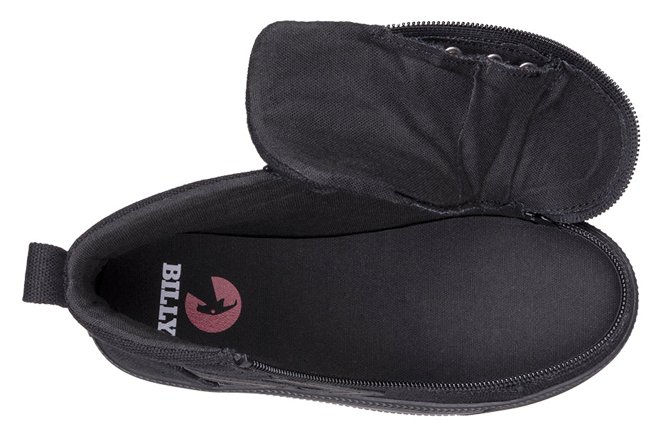 Black to the Floor BILLY CS Sneaker High Tops featuring a wraparound zipper and functional laces, designed for convenience and style, ideal for kids.