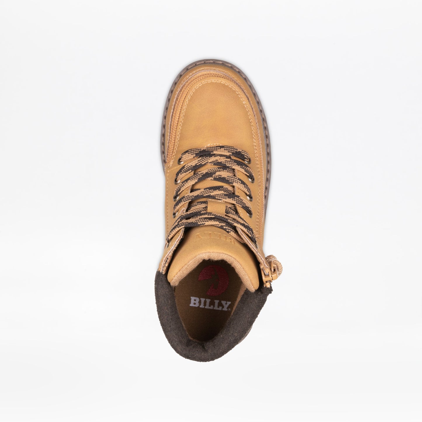 Close-up of Kids & Toddlers Tan BILLY Lug II boots featuring a convenient wraparound zipper, perfect for easy wear and classic style.