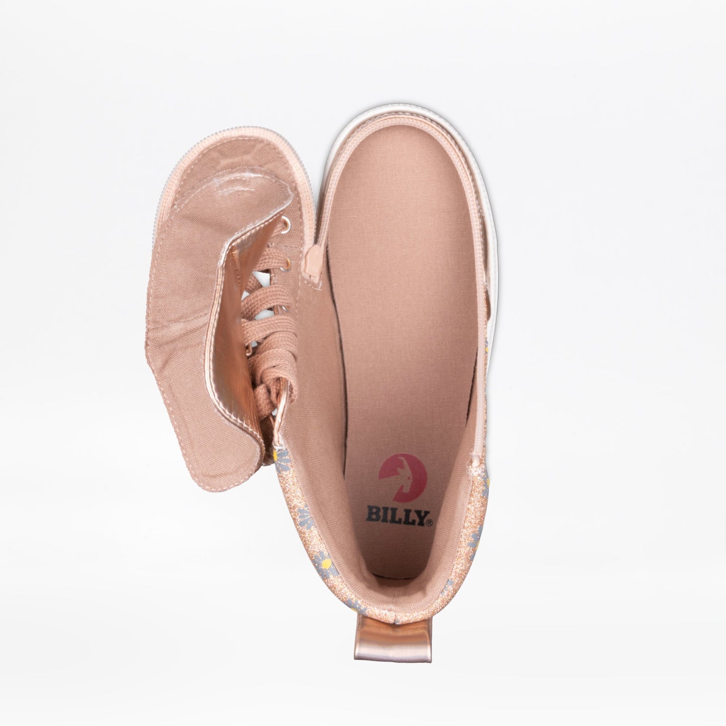 Rose Gold Daisy BILLY Classic Lace High boot featuring a bow and functional laces, designed for convenience with a wraparound zipper and removable insoles.