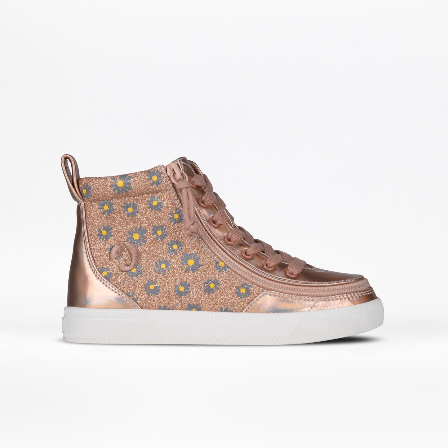 Rose Gold Daisy BILLY Classic Lace High shoe with functional laces, removable insoles, and wraparound zipper for easy access, designed for comfort and convenience.