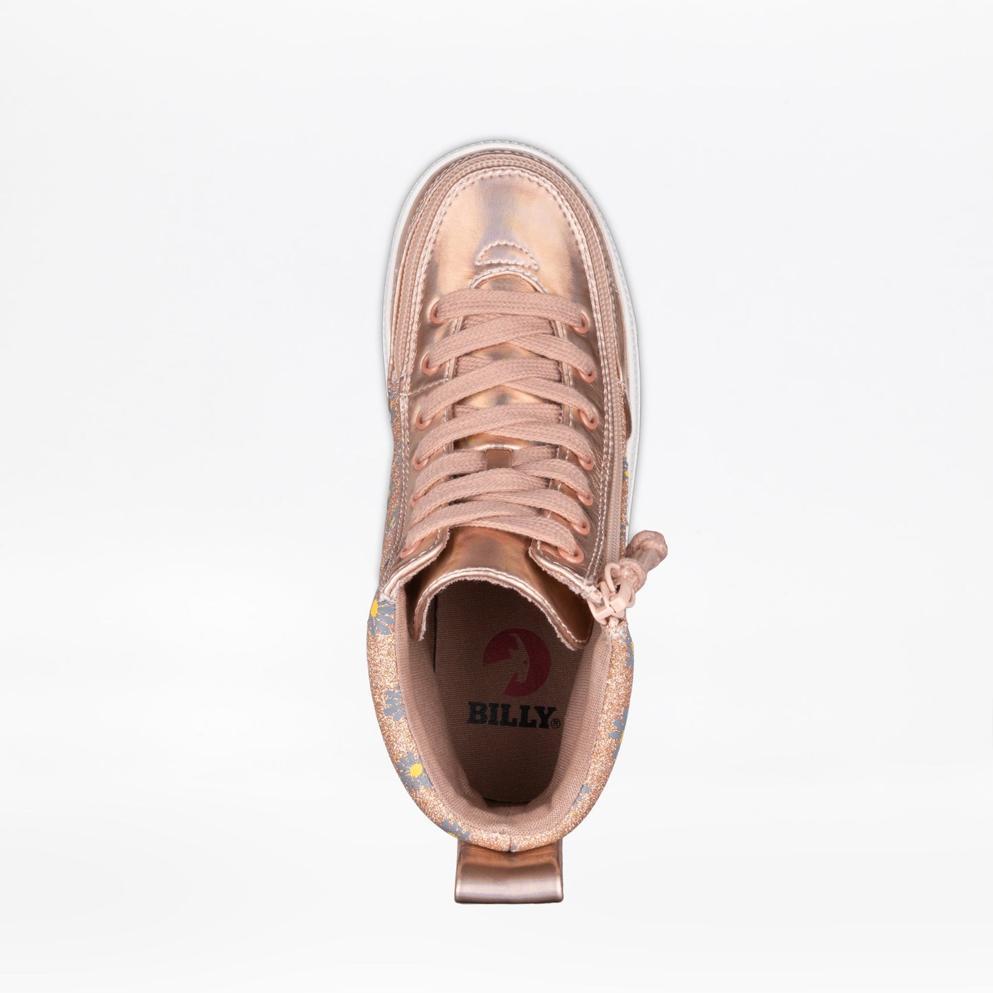 Rose Gold Daisy BILLY Classic Lace High shoe with functional laces and wraparound zipper, designed for easy access and customizable fit.