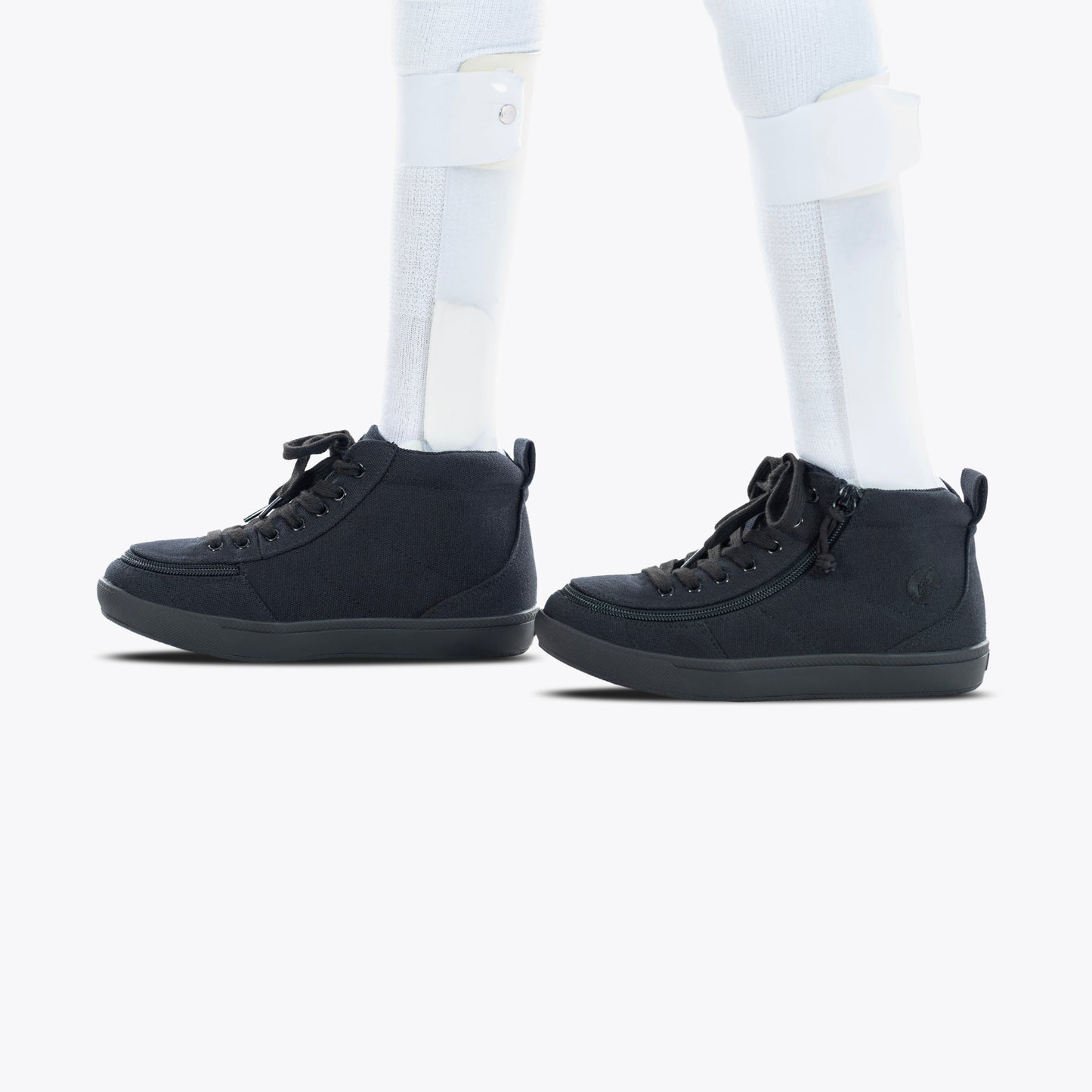 Kids - Black to the Floor BILLY Classic D|R II High sneakers with side zippers, worn with white AFO braces and socks.
