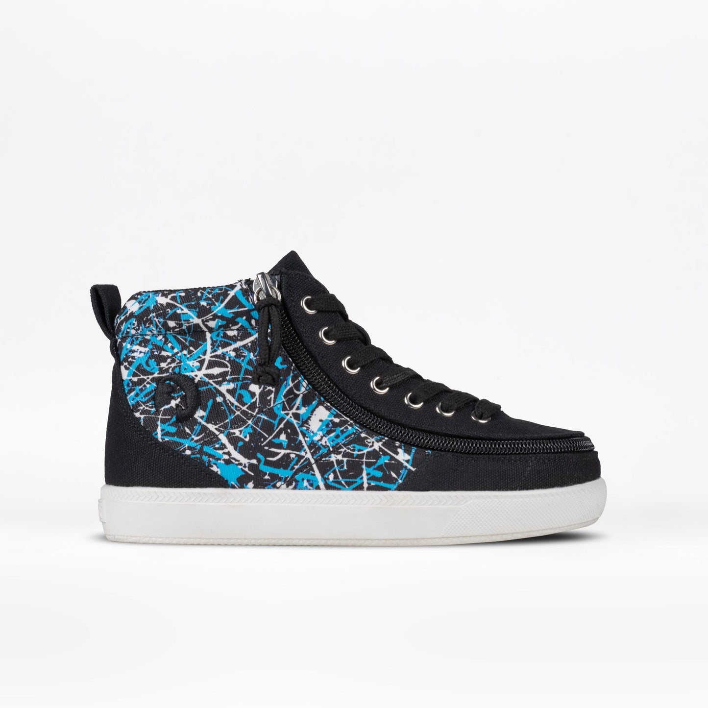 Black Graffiti BILLY Classic D|R II High Top shoe with functional laces, full-wrap zipper, and thick knit polyester upper, designed for AFO-friendliness and adjustable fit.