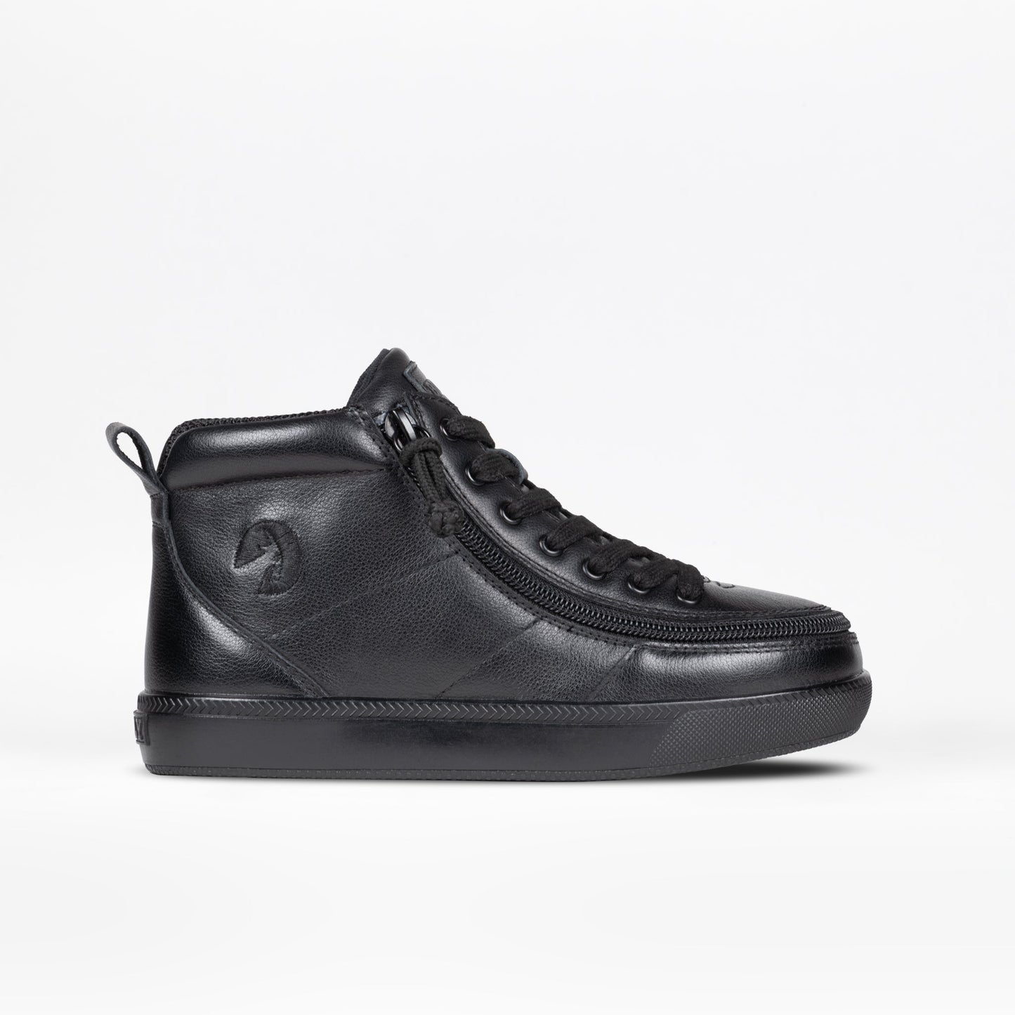 Kids - Black to the Floor Leather BILLY Classic D|R II High, a black shoe with laces and zipper, designed for easy entry and adjustable fit.