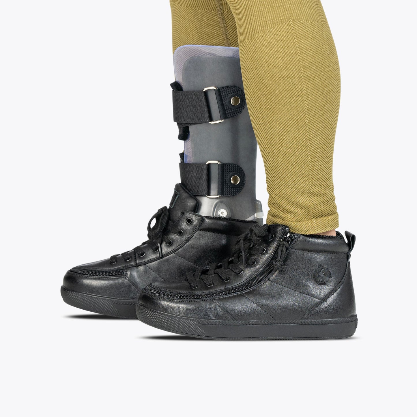Kids wearing Black to the Floor Leather BILLY Classic D|R II High Top boots with adjustable laces and full-wrap zipper closure for easy entry.