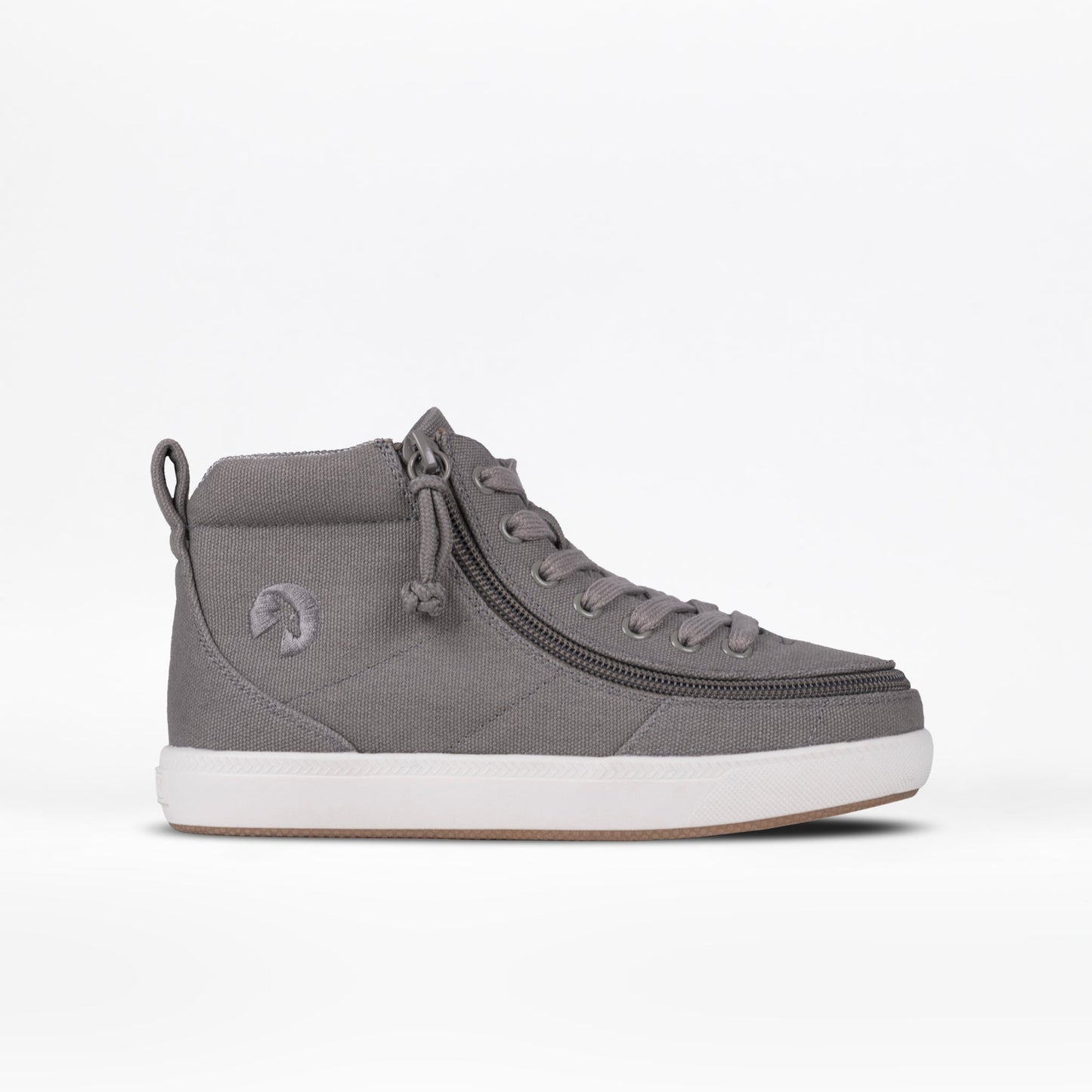 Dark Grey BILLY Classic D|R II High Top shoe with white sole, featuring adjustable laces and full-wrap zipper for easy access.