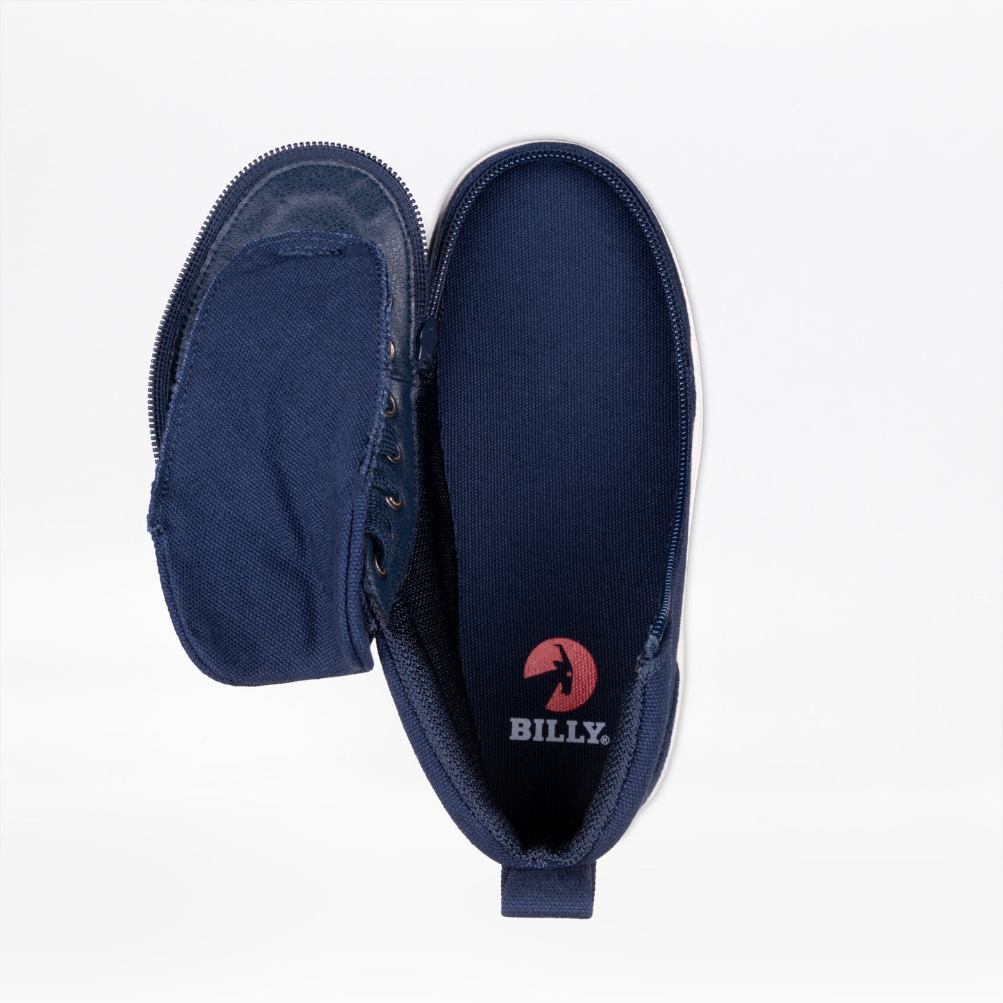 Toddler - Navy BILLY Classic D|R II High shoes with adjustable laces, full-wrap zipper, durable knit upper, and removable insoles for orthotic compatibility.