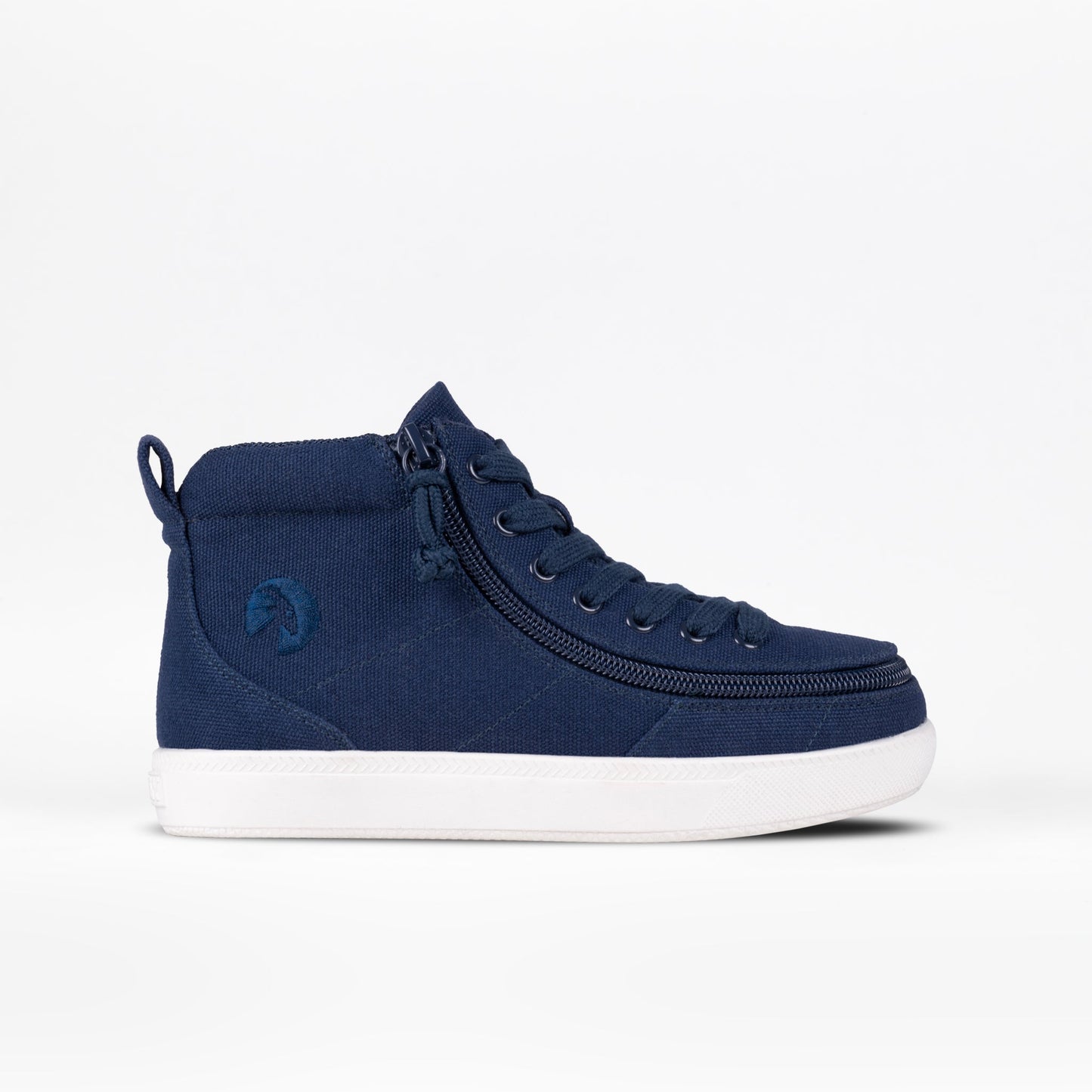 Toddler - Navy BILLY Classic D|R II High AFO-friendly shoes with functional laces, full-wrap zipper closure, and durable knit polyester fabric upper.