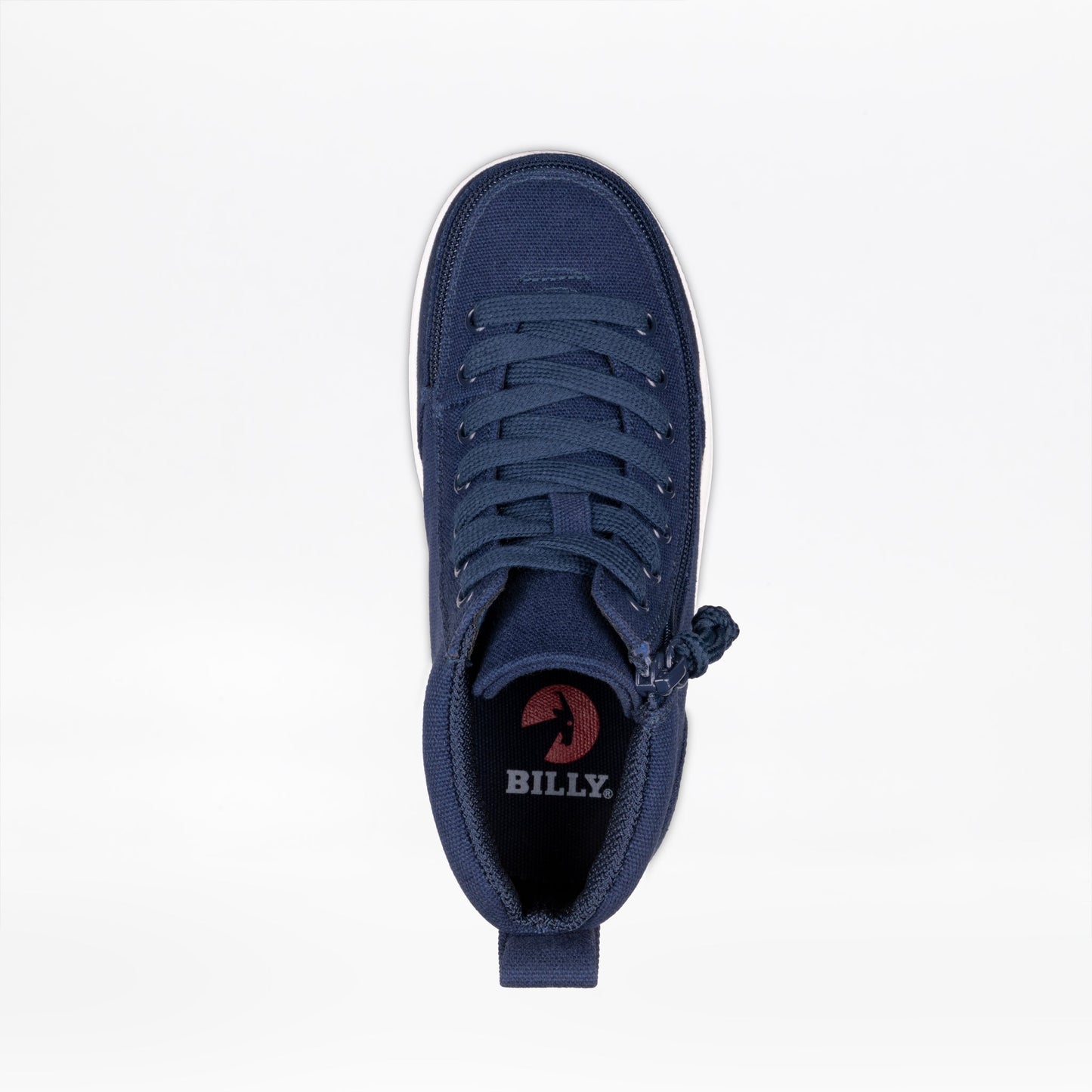 Toddler - Navy BILLY Classic D|R II High Top shoes with adjustable laces, durable knit upper, and easy full-wrap zipper entry for AFO compatibility.