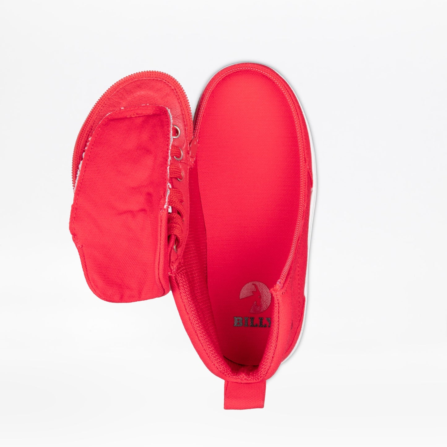 Red BILLY Classic D|R II High Top shoe with white sole, functional laces, and full-wrap zipper for easy access, designed for AFO compatibility.
