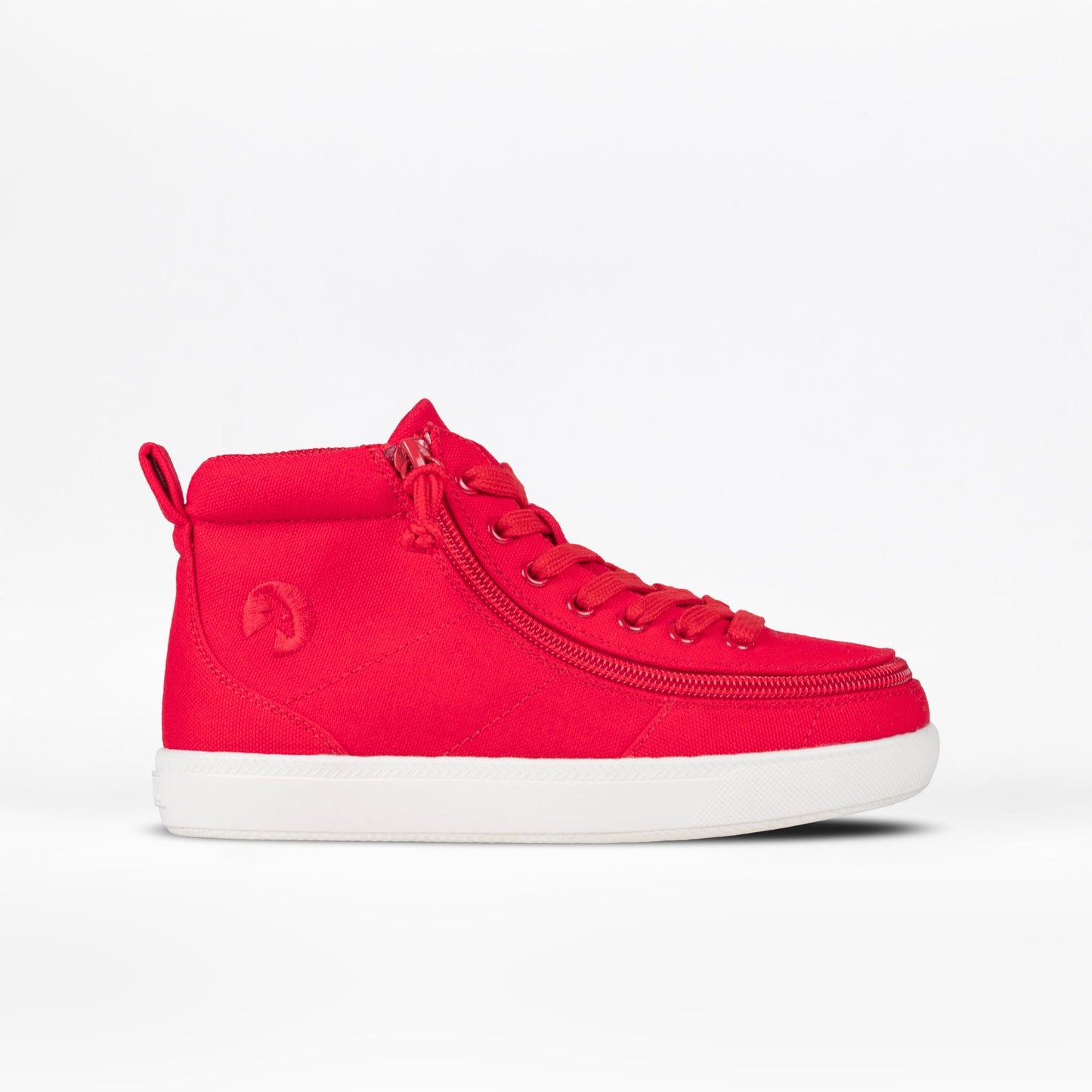 Red BILLY Classic D|R II High sneaker features a red knit upper, white sole, functional laces, and a full-wrap zipper for easy access.