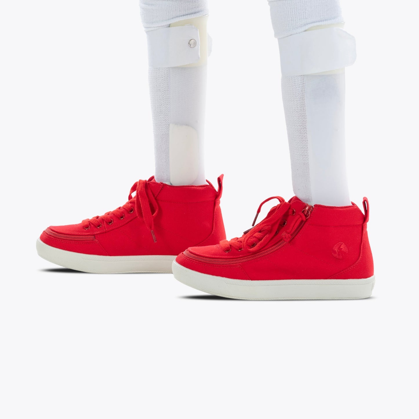 Red BILLY Classic D|R II High Top shoes featuring adjustable laces and a full-wrap zipper, designed for easy access and custom orthotics support.