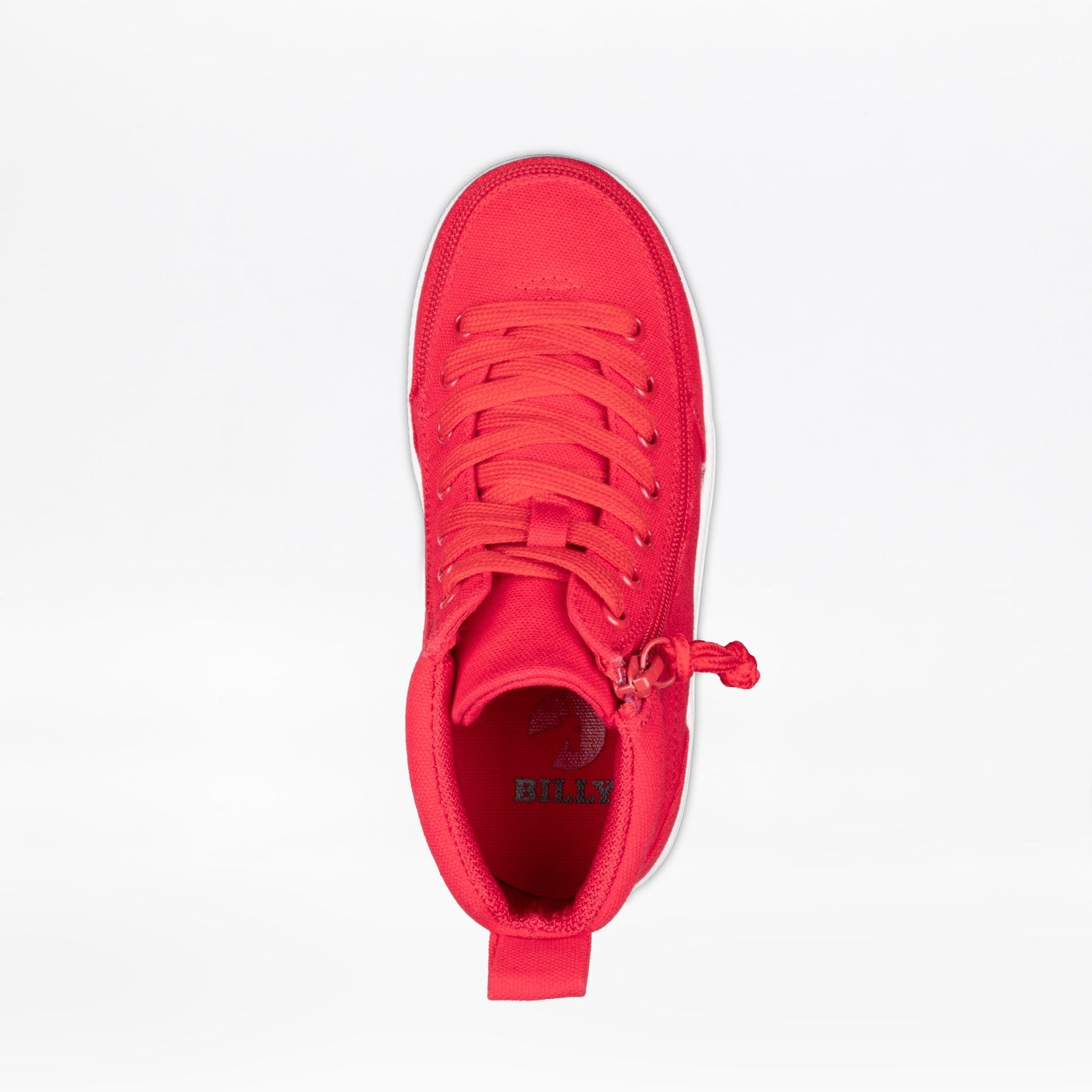 Red BILLY Classic D|R II High Top AFO-friendly shoe with functional laces, white sole, and full-wrap zipper closure for easy entry and adjustable fit.