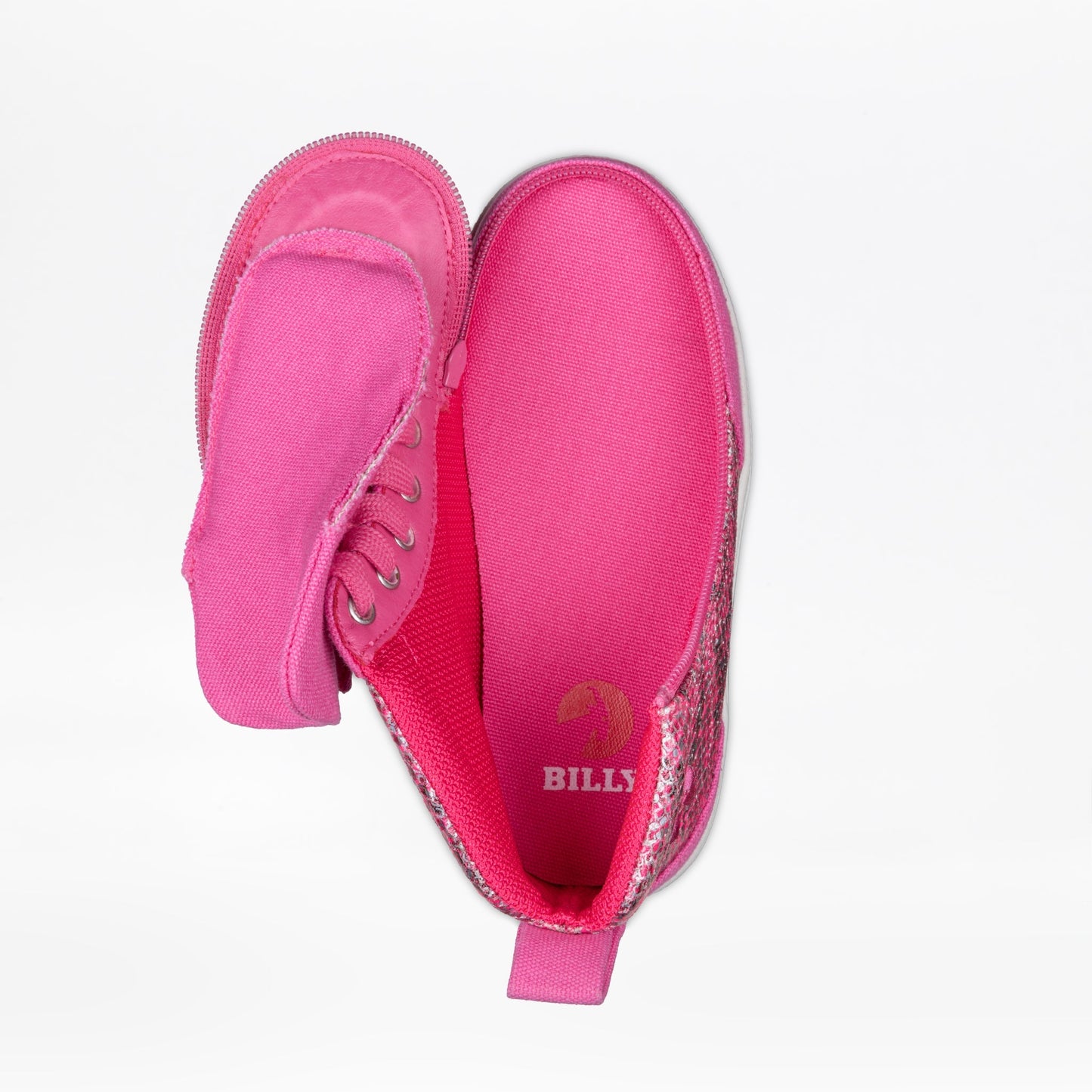 Fuchsia Snake BILLY Classic D|R II High Top shoes with zipper closure and adjustable laces for AFO compatibility, featuring durable knit fabric and removable insoles.