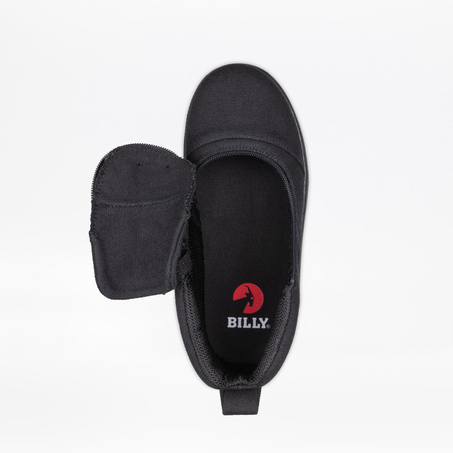 Black to the Floor BILLY D|R II Short Wrap High Top shoe with visible logo, featuring adjustable laces, durable fabric, and easy zip closure for AFO compatibility.