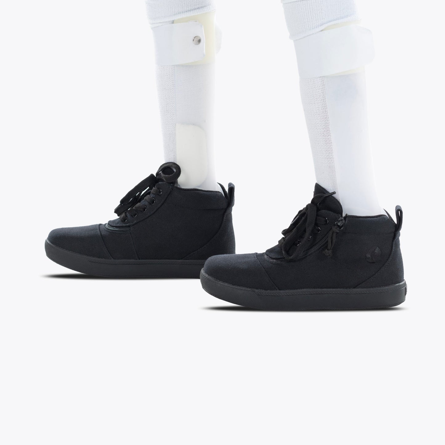 Black to the Floor BILLY D|R II Short Wrap High Top shoes with white socks; features include AFO-friendly design, adjustable laces, and easy zip closure.