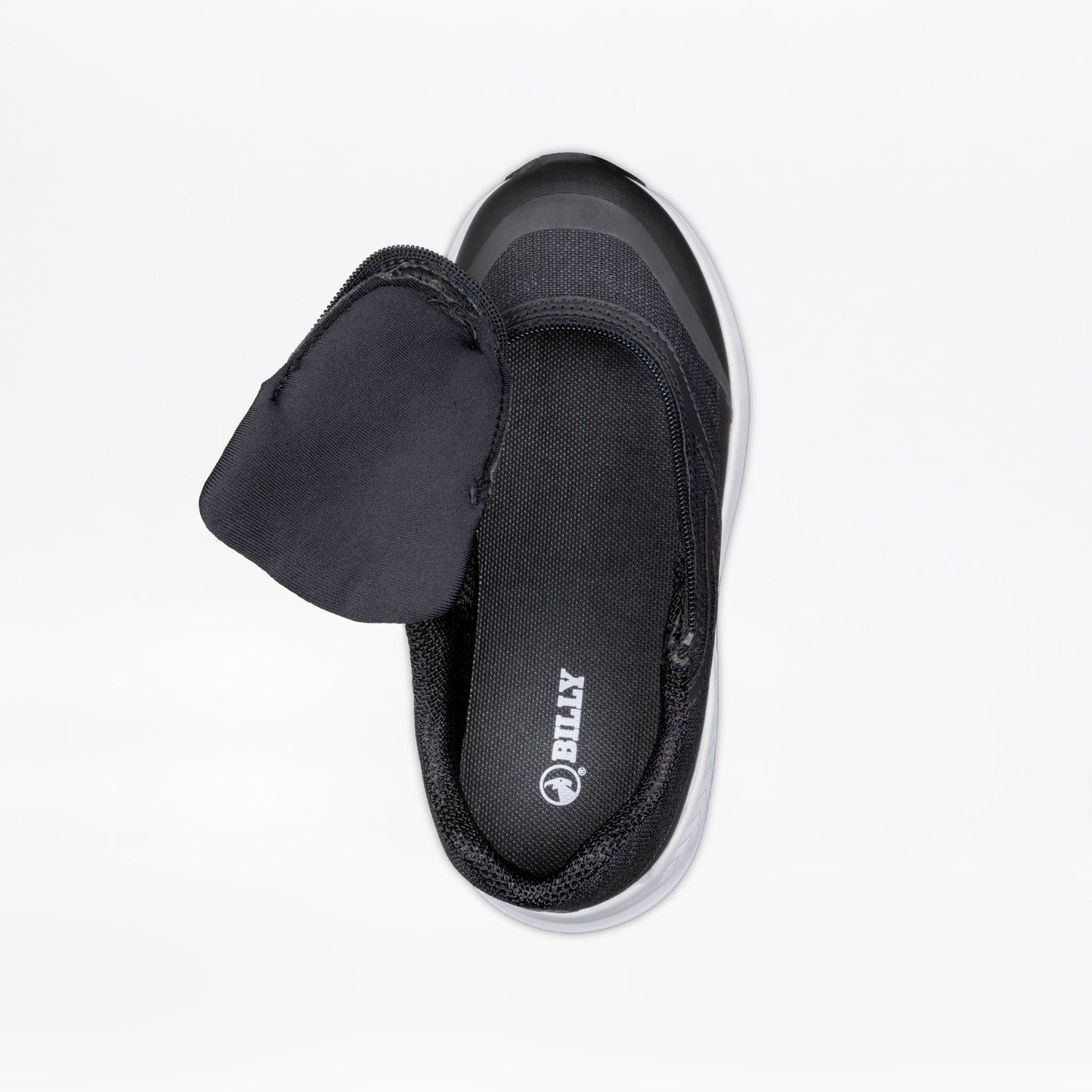 Black BILLY Goat shoe with a white sole, featuring a short wrap zipper for easy use, designed for AFO compatibility and enhanced accessibility.