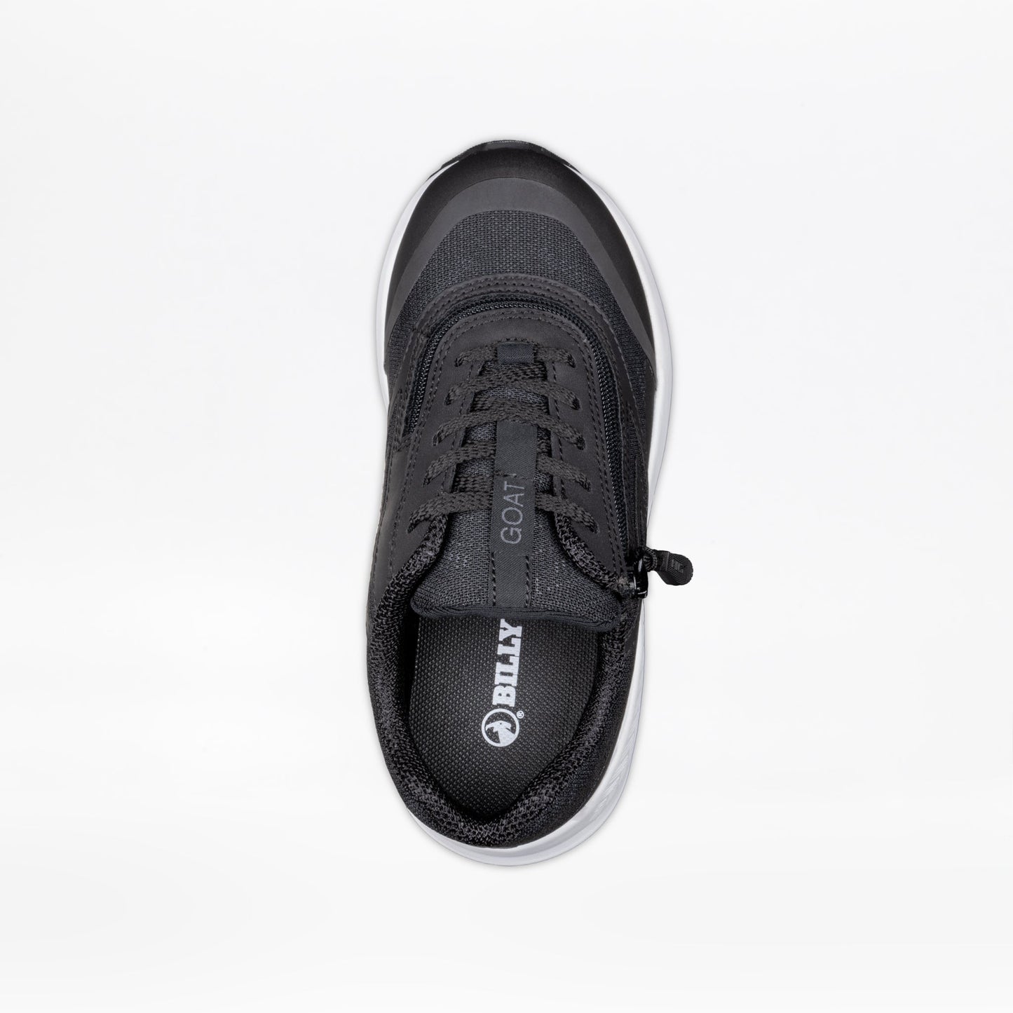 Black BILLY Goat shoe, featuring a white sole and a short wrap zipper for easy wear, ideal for AFO users.