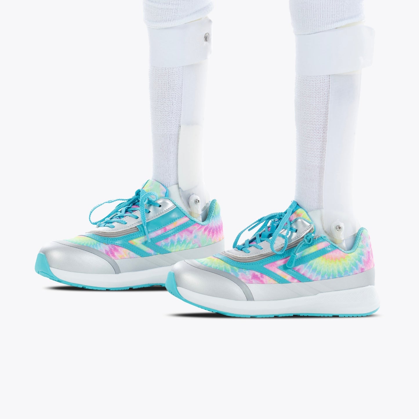 Rainbow Tie Dye BILLY Goat AFO-Friendly Shoes with easy-access zippers, designed for comfort and convenience, showcased on feet against a neutral backdrop.