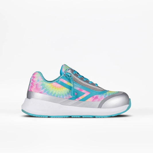Billy Footwear's Goat Low Top Sport Rainbow Tie Dye shoe with easy-access zipper, designed for AFO-friendliness and style.