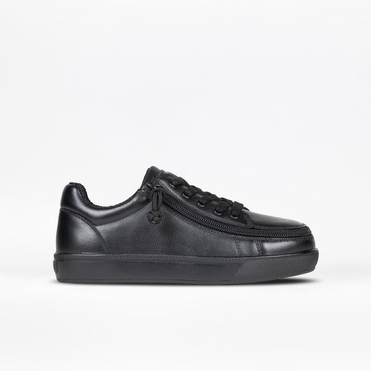 Close-up of the Black to the Floor Leather BILLY Classic D|R II Low Top, featuring adjustable laces and an easy-access full-wrap zipper closure.