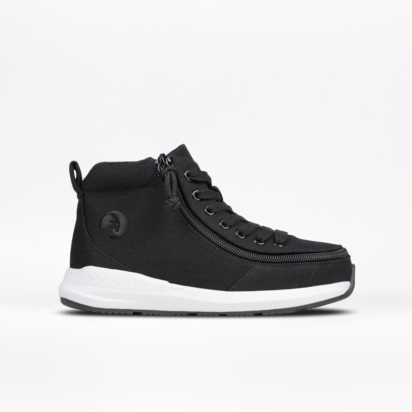 Black BILLY Goat Classic High Top shoe with a white sole, featuring a full-wrap zipper for easy access, designed in collaboration with Boston Orthotics & Prosthetics.