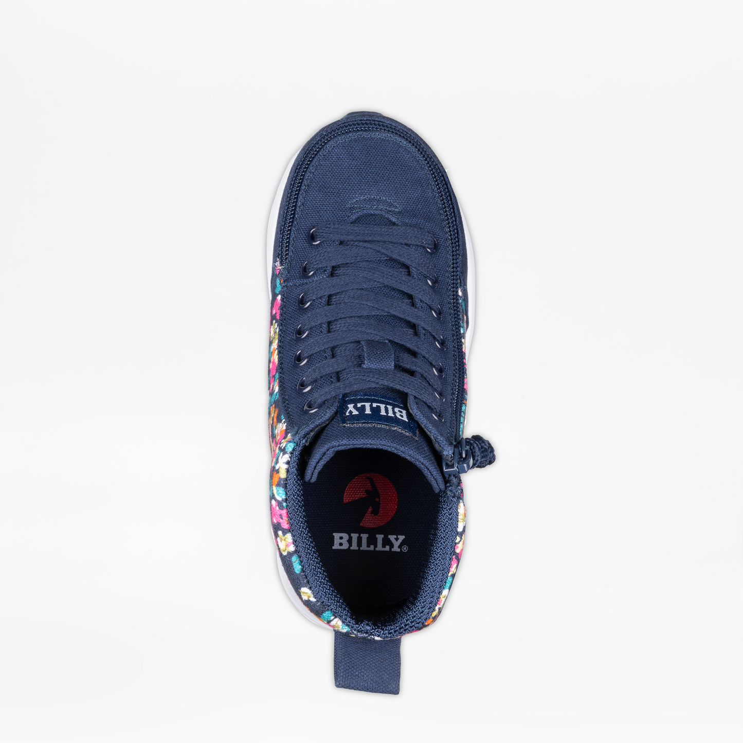 Navy Floral BILLY Goat Classic High Top shoe featuring colorful flowers and a full-wrap zipper for easy use, designed for AFO compatibility.