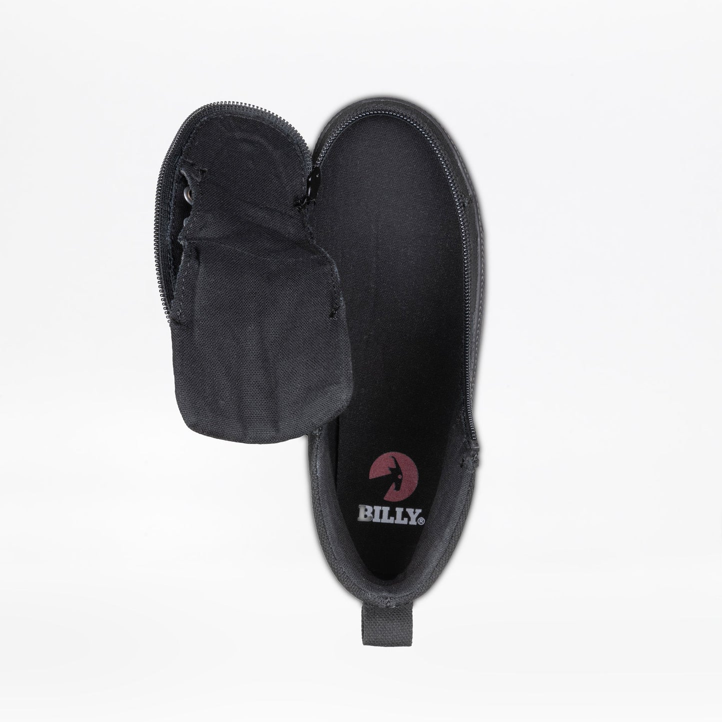 Black to the Floor BILLY CS High Tops featuring a sock overlay, functional laces, removable insoles, and wraparound zipper for easy accessibility.