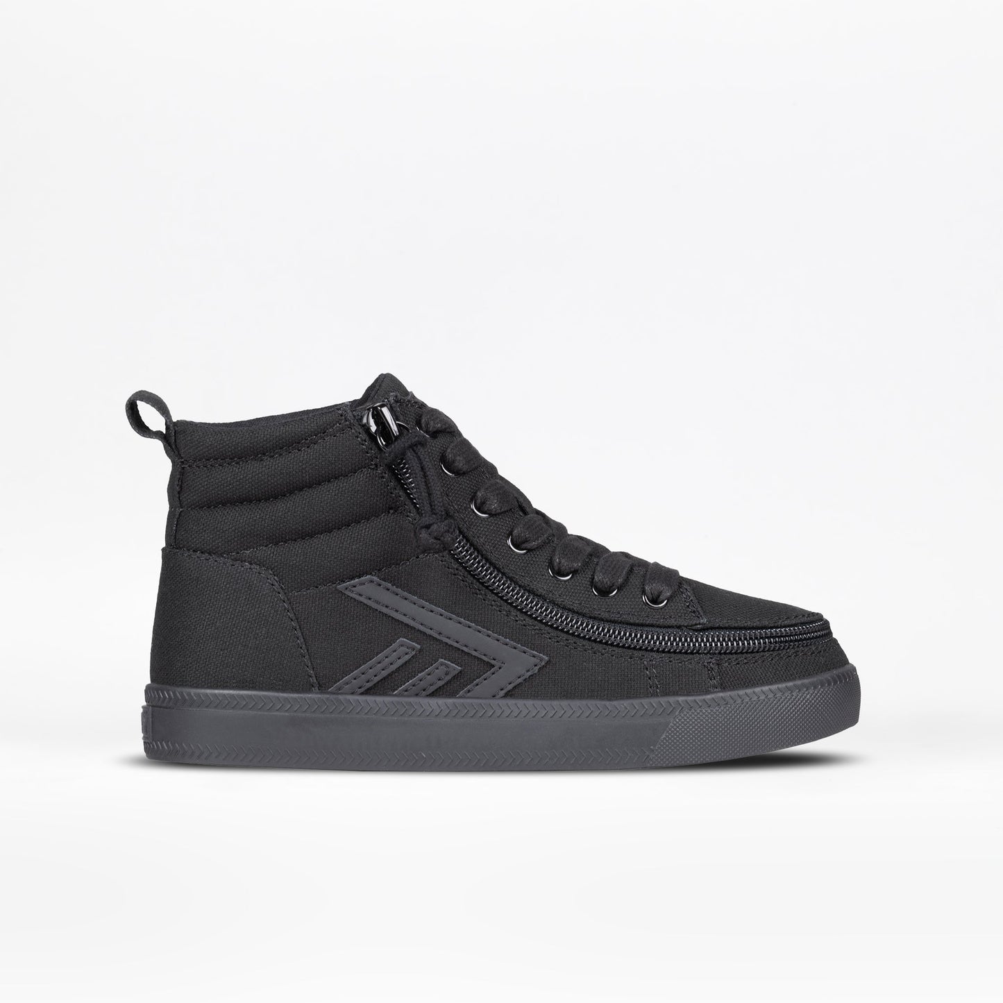 Black to the Floor BILLY CS High Tops featuring functional laces, removable insoles, and a wraparound zipper for ease and style.