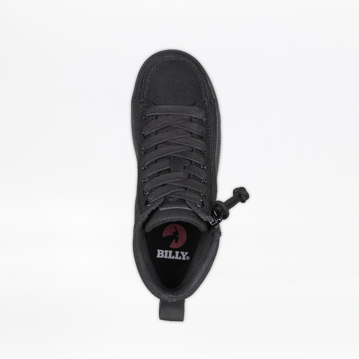 Black to the Floor BILLY CS High Tops with laces, wraparound zipper, and removable insoles, showcasing a core-skate design for style and convenience.