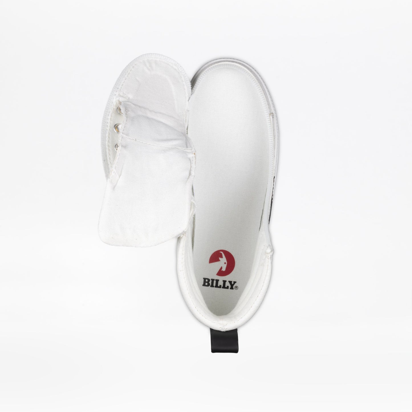 White/Black BILLY CS High sneaker, featuring a black strap, horse logo, and functional laces, designed for comfort and ease with removable insoles and a wraparound zipper.