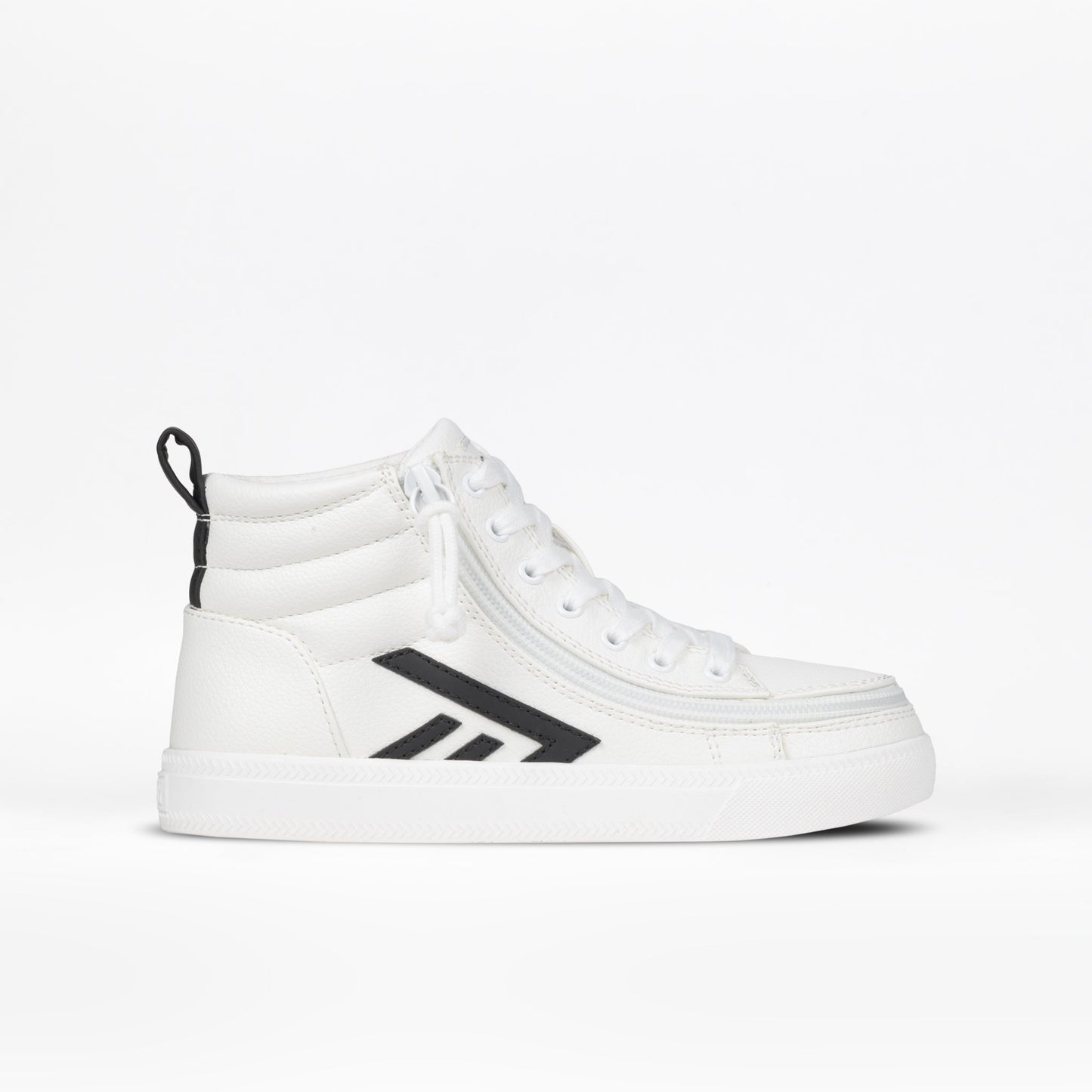 Toddlers' White/Black BILLY CS High sneaker with lace-up and zipper design, featuring removable insoles and flexible outsoles for comfort and ease of use.