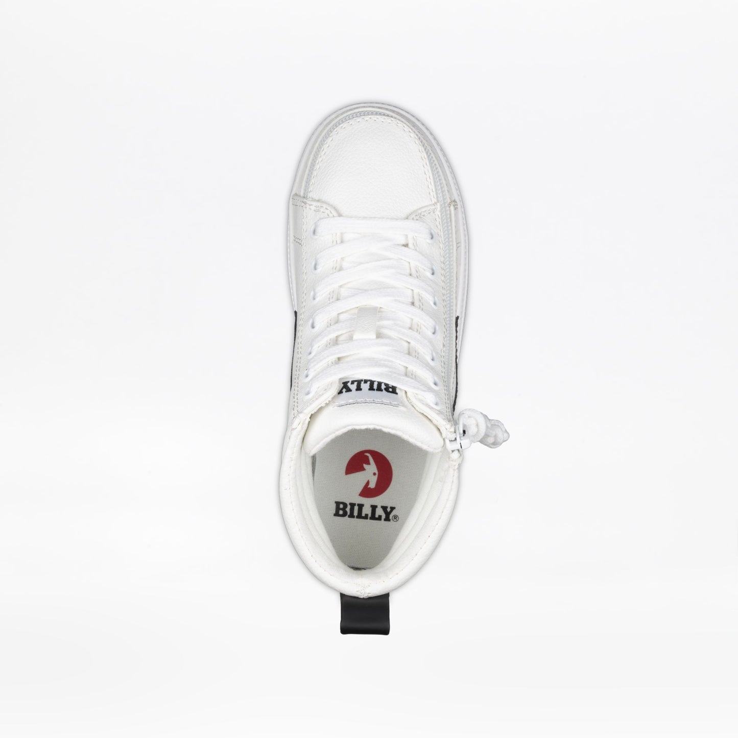 Toddlers' White/Black BILLY CS High sneaker featuring black straps and a wraparound zipper for easy access, designed for comfort and style.