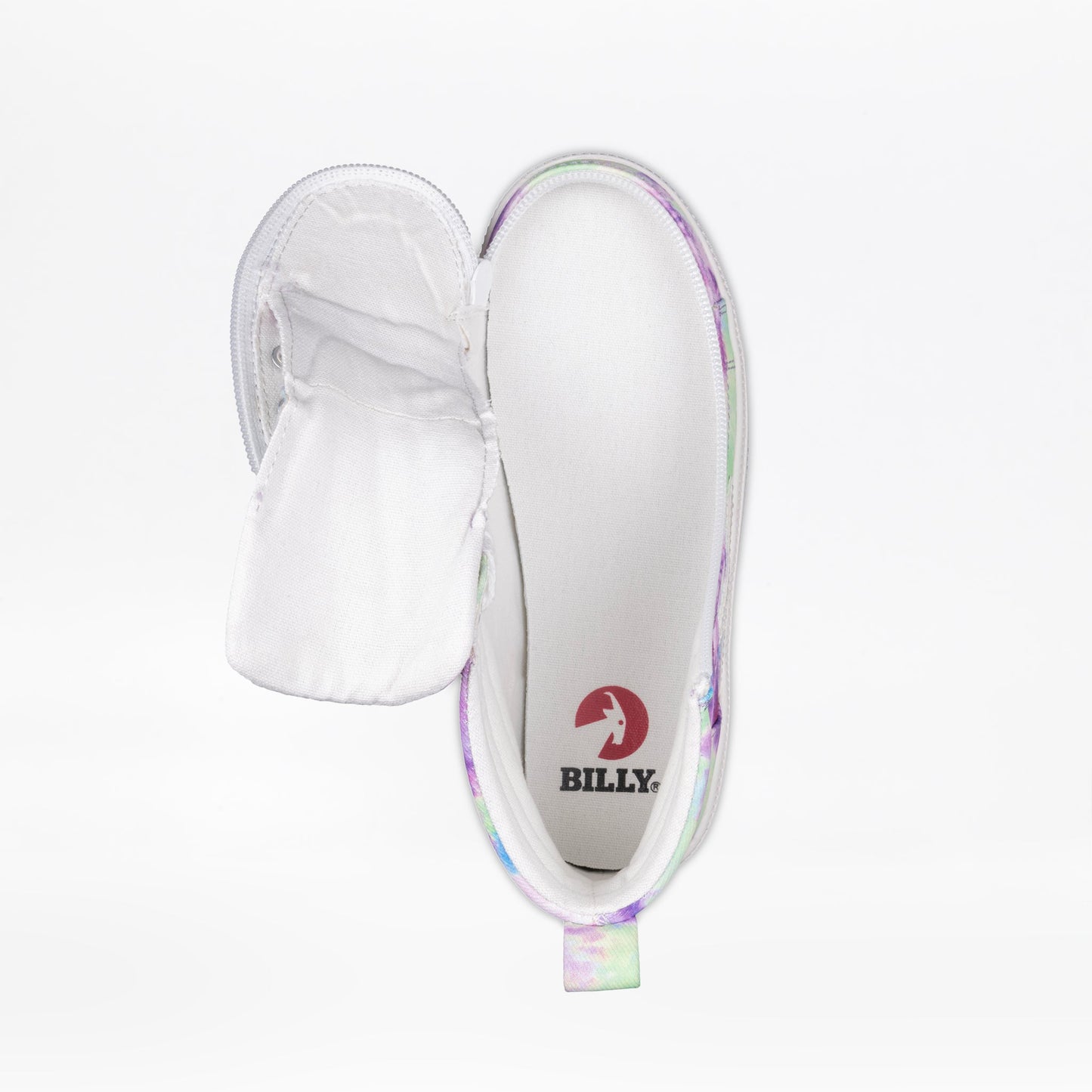 Purple Watercolor BILLY CS High Tops featuring a bull logo, white fabric, and functional laces, designed for easy accessibility with a wraparound zipper.
