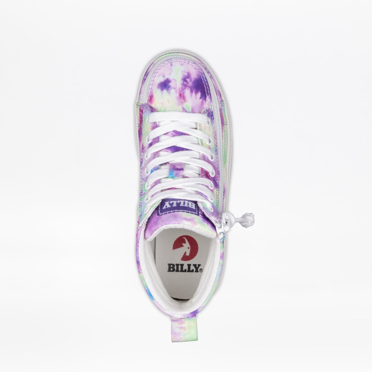 Purple Watercolor BILLY CS High Tops with wraparound zipper, featuring a close-up of a purple and white shoe and a circular goat head logo.