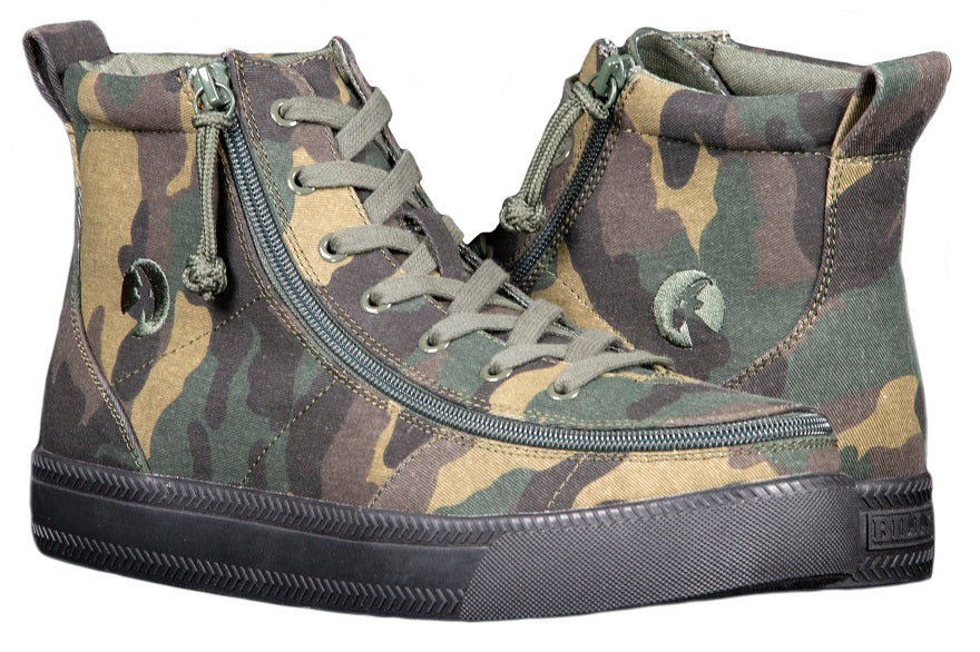 Men's Green Camo BILLY Classic Lace Highs featuring a camouflage pattern, adjustable cotton-blend laces, and a rubber outsole, designed for comfort and accessibility.