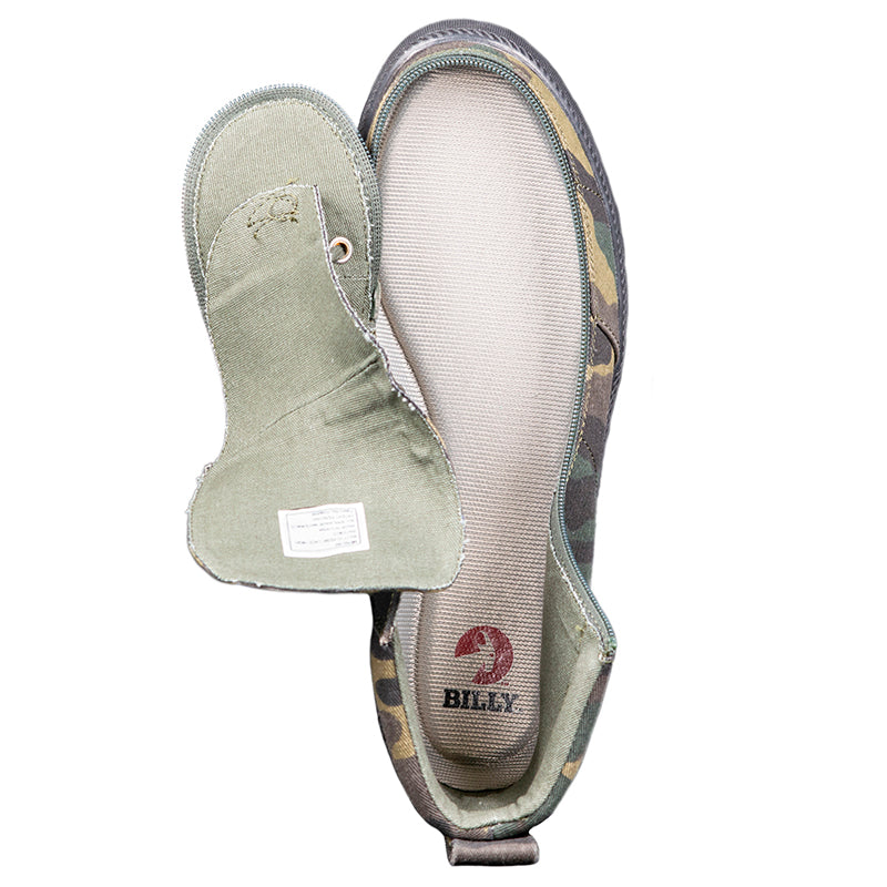 Men's Green Camo BILLY Classic Lace Highs featuring a camouflage canvas upper, adjustable cotton-blend laces, and easy-access side zipper for accessibility.