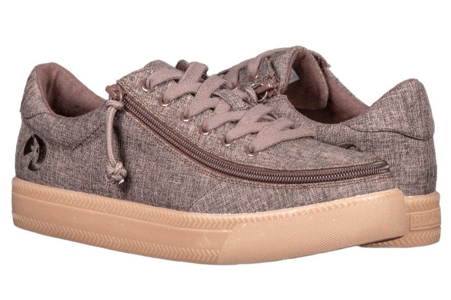 Men's Brown Jersey BILLY Classic Lace Lows; close-up shows chambray linen upper, rubber outsole, and adjustable cotton-blend laces, emphasizing accessibility-focused design.