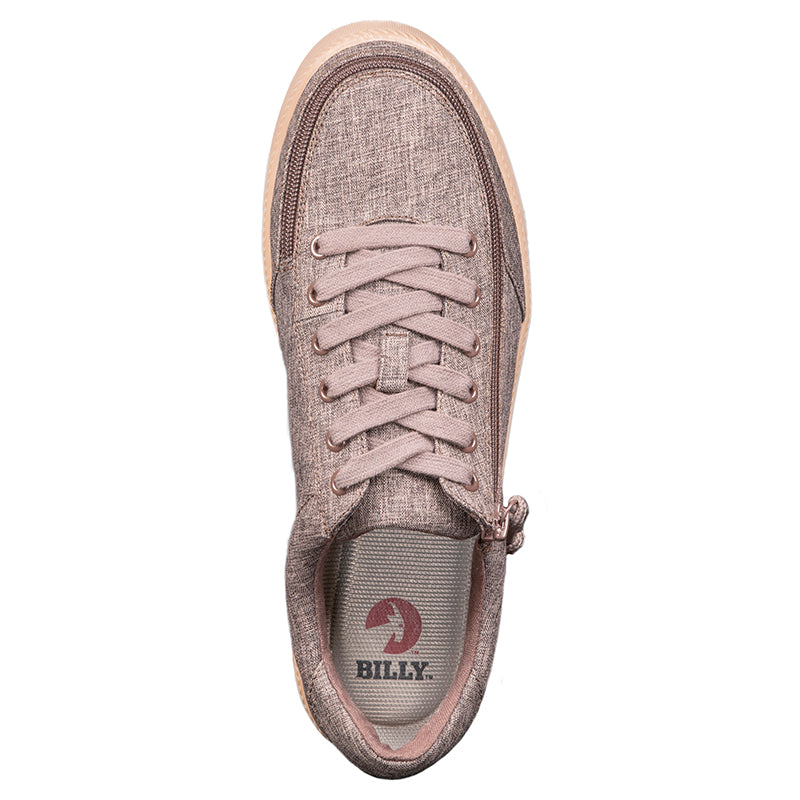 Close-up of Men's Brown Jersey BILLY Classic Lace Lows, featuring chambray linen upper, adjustable cotton-blend laces, and removable insoles for versatile comfort.