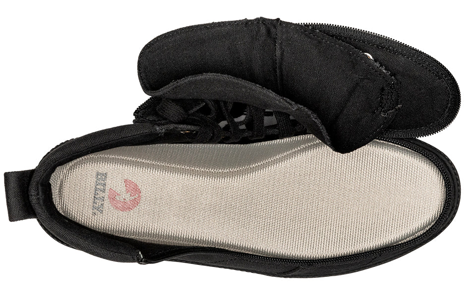 Men's Black to the Floor BILLY Classic Lace Highs featuring a white sole, padded collar, and wraparound zipper for easy access.