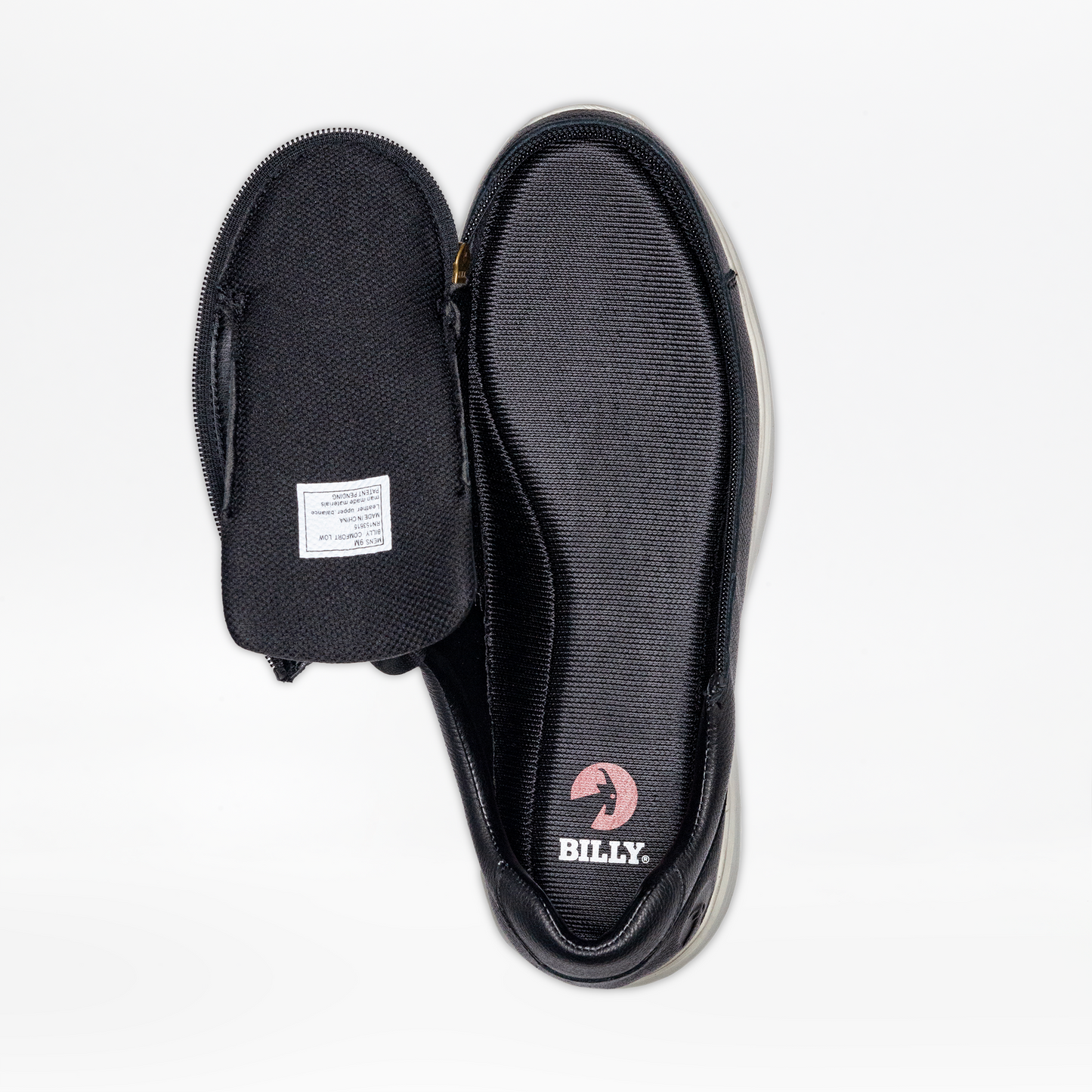 Men's Black Leather BILLY Comfort Low shoes with a white sole and wraparound zipper for easy access, designed for effortless wear.