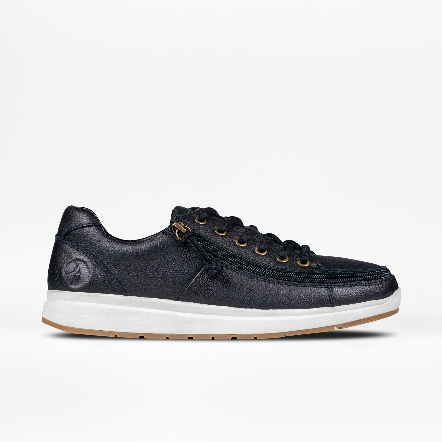 Men's Black Leather BILLY Comfort Low shoe with white sole, featuring a wraparound zipper for easy access and stylish design.