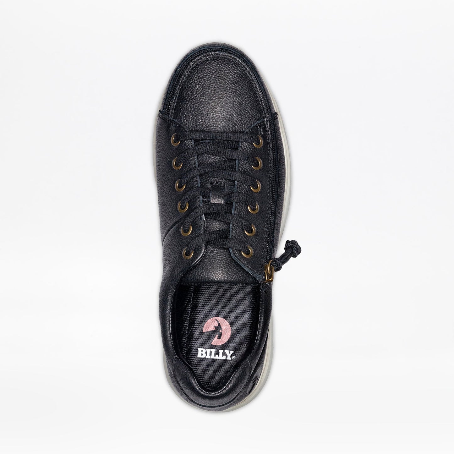 Men's Black Leather BILLY Comfort Low shoe with wraparound zipper for easy access, featuring a close-up of the shoe design and knot detail.