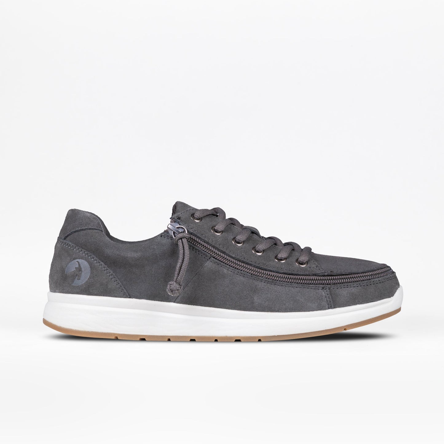 Men's Grey Suede BILLY Comfort Low shoe with white sole and wraparound zipper for easy wear, ideal for casual and accessible fashion.
