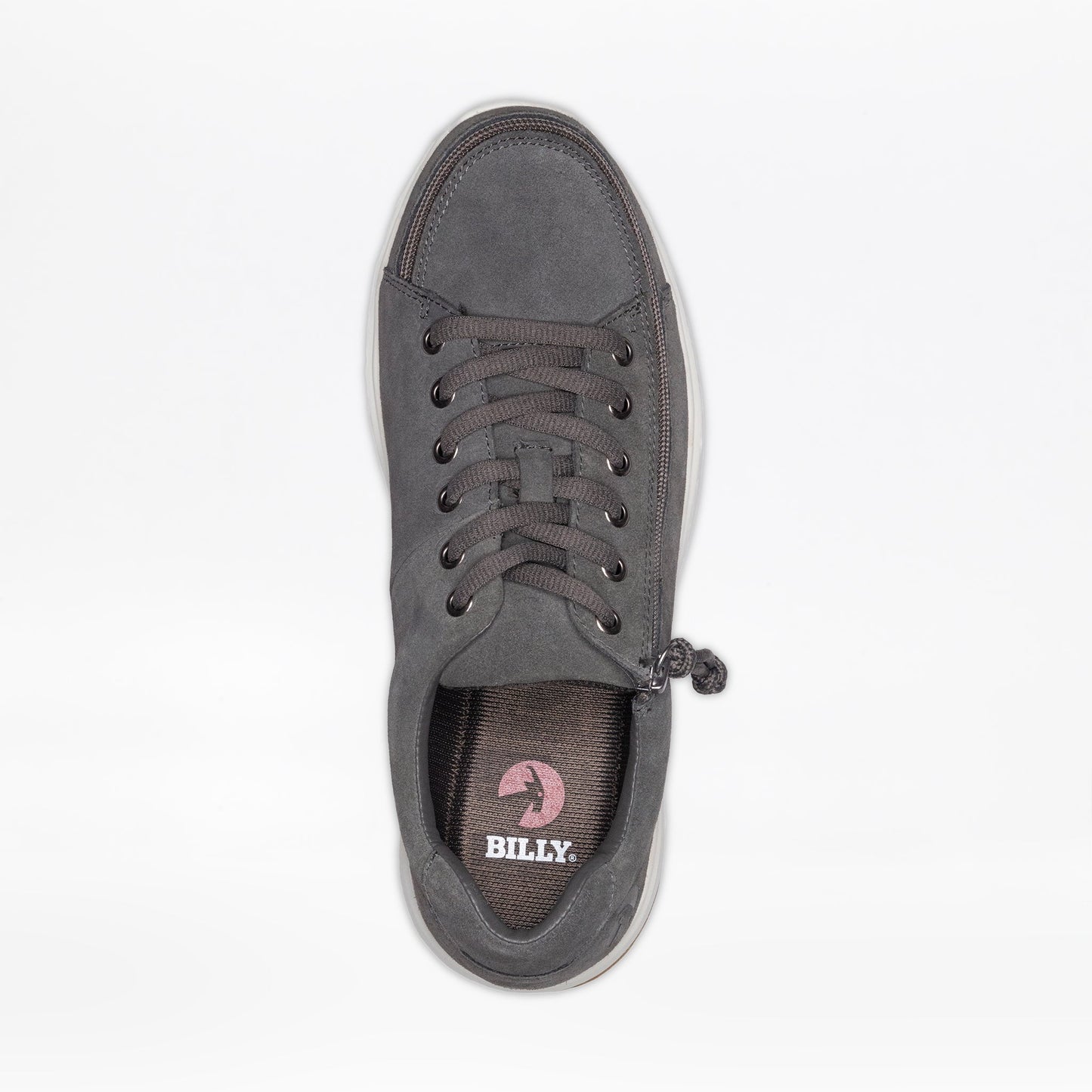 Men's Grey Suede BILLY Comfort Low shoe featuring a white sole, laces, and convenient wraparound zipper for easy wear.