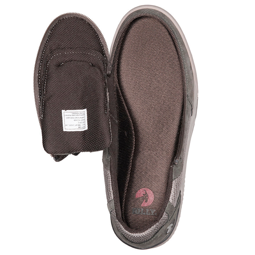 Men's Charcoal Suede/Mesh BILLY Comfort Classic Lows with wraparound zipper, featuring a suede and mesh upper and adjustable cotton-blend laces.