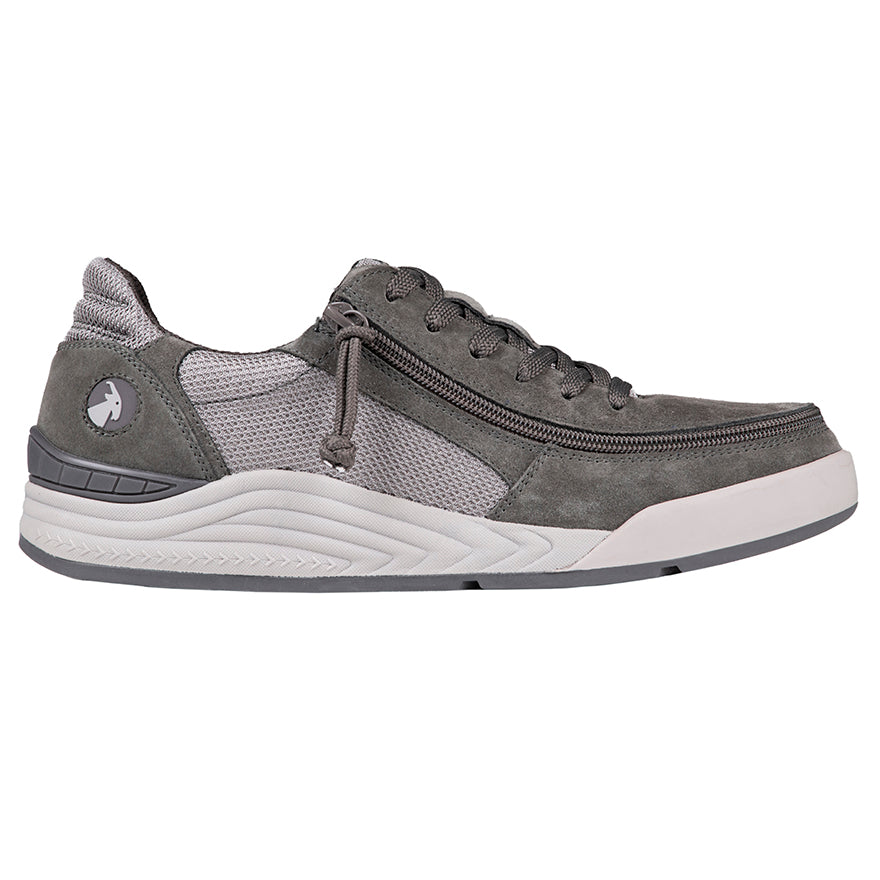 Men's Charcoal Suede/Mesh BILLY Comfort Classic Lows, featuring a wraparound zipper and adjustable laces, designed for effortless wear and comfort.