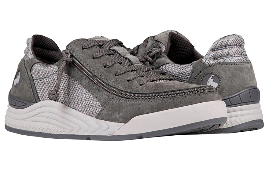 Men's Charcoal Suede/Mesh BILLY Comfort Classic Lows featuring a wraparound zipper for easy wear, showcasing a sleek design with adjustable laces and EVA foam outsole.